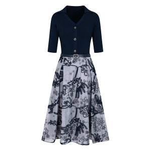 [지고트(OUTLET)] 자수 배색 브이 칼라 플레어 원피스 (LIGHT GREY) JS6B0OP511