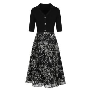 [지고트(OUTLET)] 자수 배색 브이 칼라 플레어 원피스 (BLACK) JS6B0OP511