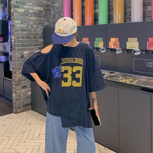 베로 33 나염 어깨 트임 언발 반팔 롱티셔츠