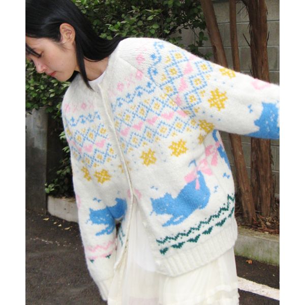RONRON RIBBON CAT FAIR ISLE KNIT CARDIGAN IVORY