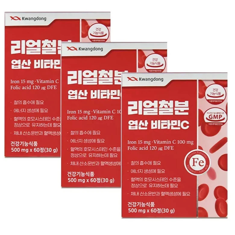 리얼 철분 엽산 비타민C 500mgx60정x3개 3중 복합기능성 1개 60정