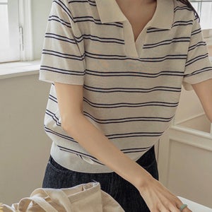 [👕고민말고/여름딱] 에딘 트임카라 줄지 린넨니트[5DA32975JJ,데일리,캐주얼,니트,반팔니트,린넨니트,쿨린넨,통기성,시원,쾌적,줄지니트,줄지패턴,패턴니트,오픈카라넥,트임카라