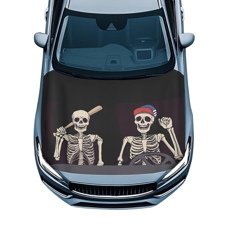 [아마존 공식]UNICEU Skeleton Print Hood Covers for Cars Washable Car Bonnet Banner Removable Waterproof C