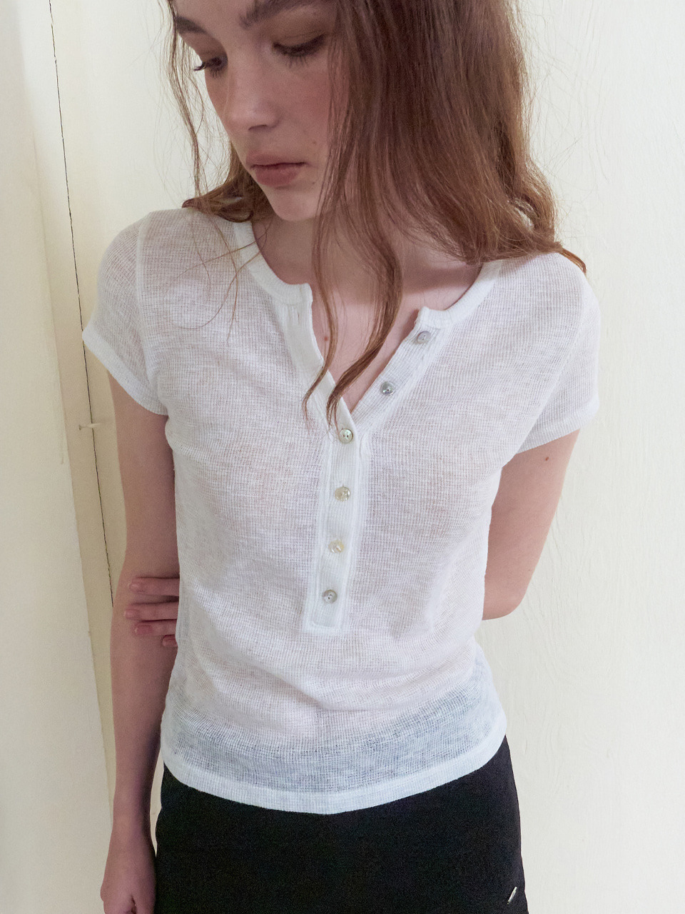 [에트몽] Half Open Button T-Shirt, White