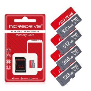 MICRODRIVE 소용량 PRO 레드-그레이 카드. 휴대폰, 컴퓨터, 카메라 등 전자 제품에 사용 가능. 용량은 128MB, 256MB, 512MB, 2048MB로 제공됩니다.