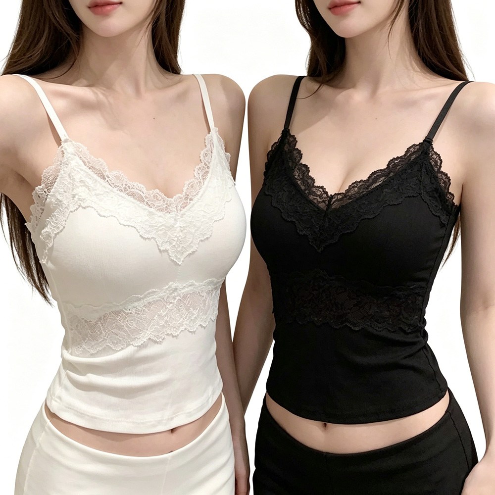 SOSISI 여성 여름 레이스브이넥 크롭 캡나시티 1+1 PM2V20482 블랙+화이트 M