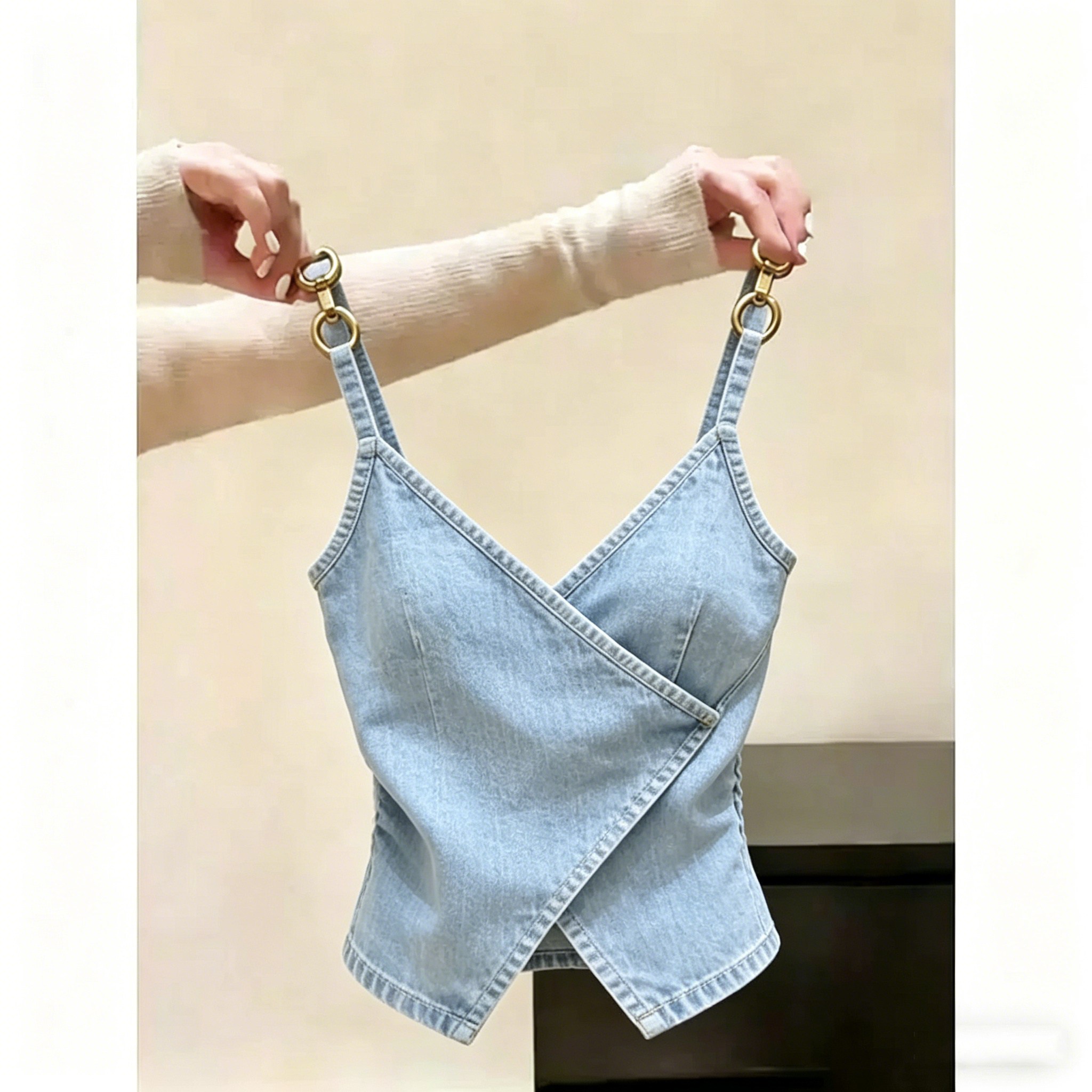 여름 디자인 상의 핫걸 나시 데님 민소매 셔츠 여자 청나시 연한 파란색 S