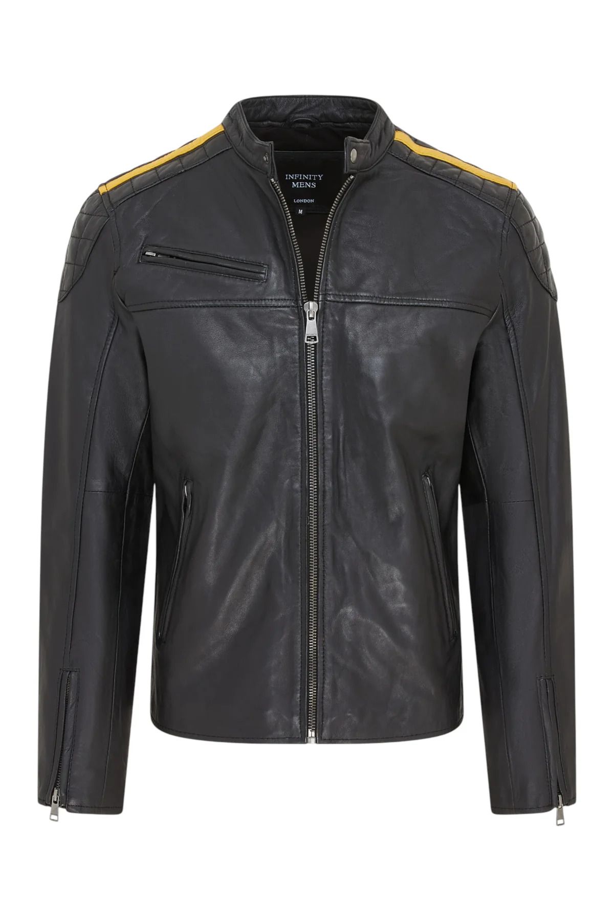 Infinity Leather 블랙 클래식 퀼팅 바이커 재킷 남성 퀼티드 옐로우 가죽 자켓 mens black classic quilted yellow leath 156064628