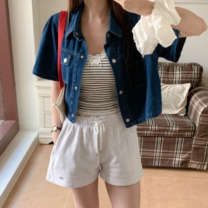 에르디테 에르디테 반팔 데님 자켓 셔츠 연청 진청 루즈핏 카라 퍼프 숏