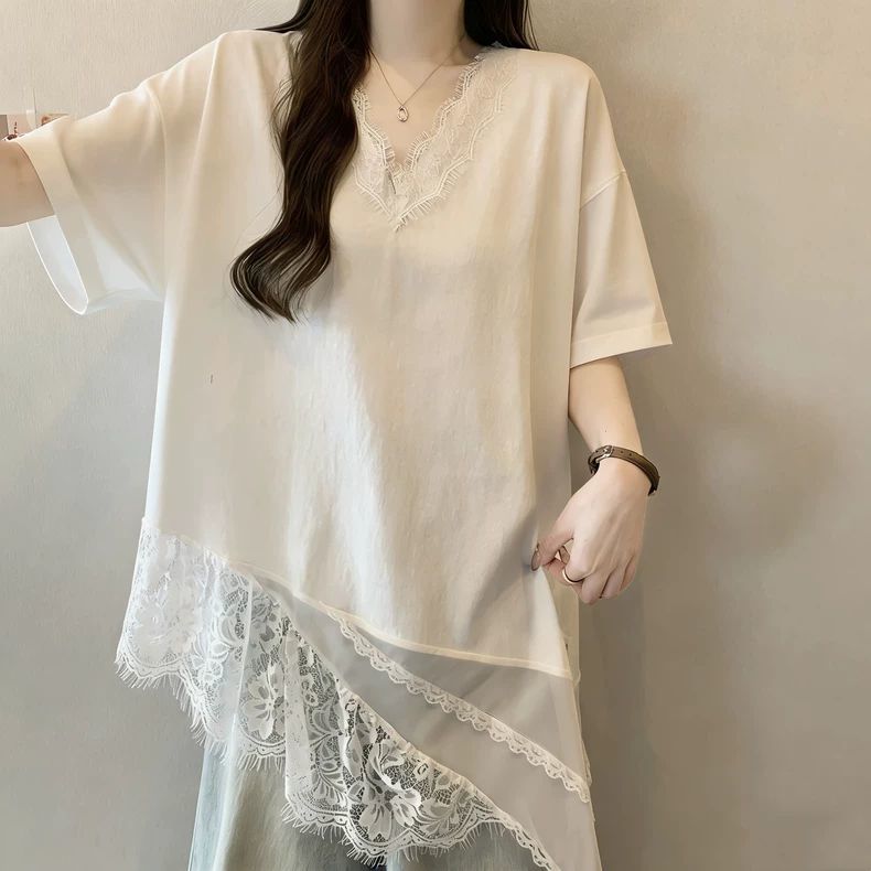 브이넥 반팔 티셔츠 루즈핏 레이어드 레이스 언발