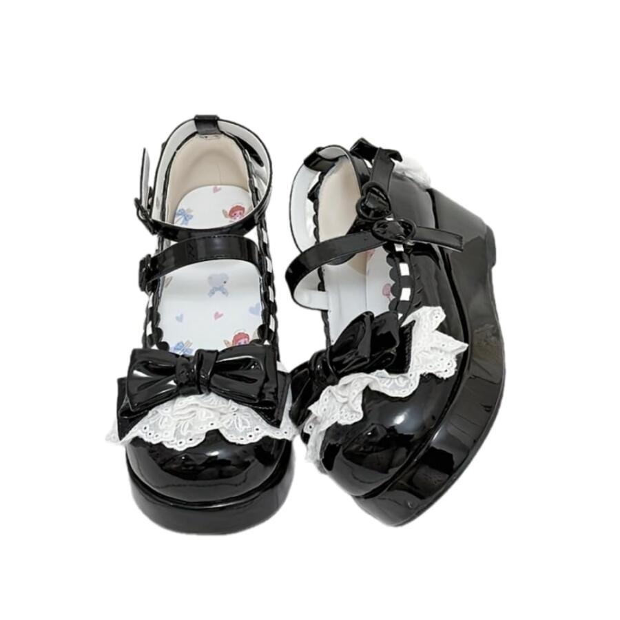 [아마존 공식]BEROBELLO Sweet Lolita Platform Shoes Kawaii Mary Janes with Bow and Lace Trim (Patent Leath