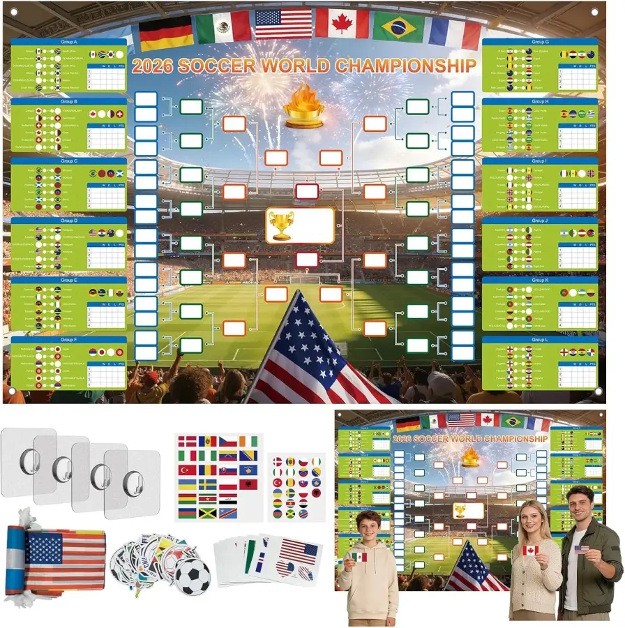 GAMSOD 2026 월드컵 일정 포스터 재사용 가능한 국기 스티커 후크가 있는 39x59 인치 토너먼트 브래킷 월
