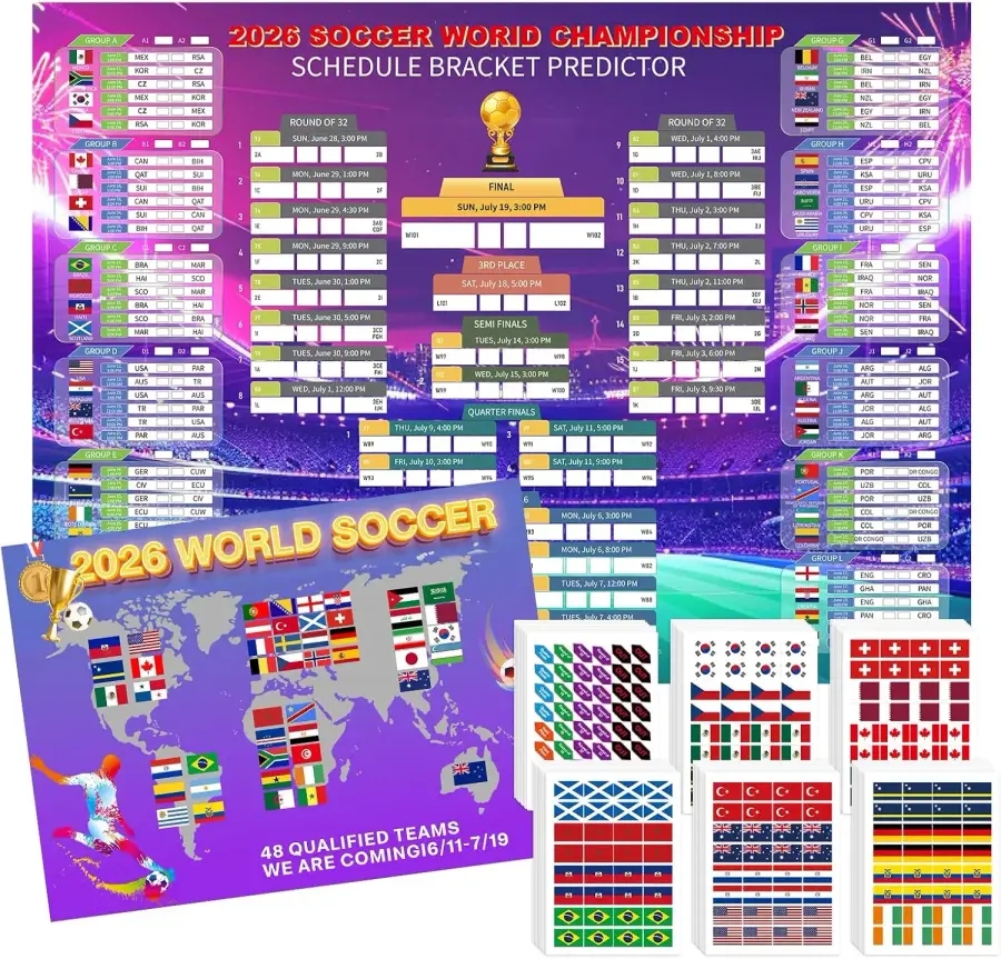 AOXFOXMAS 2026 월드컵 일정 포스터 43x32 인치 스티커 축구 경기 추적기 스포츠 장식 및 팬 파티 용품을