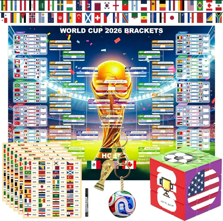 2026 월드컵 상품 파티 장식 세트 5개 45인치 x33인치 대형 월 차트 일정 브래킷 포스터 및 팀 스티커