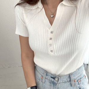 DKNY 여성 반팔 골지 칼라 니트 폴로 셔츠
