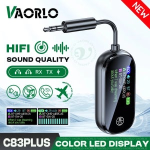 VAORLO 멀티포인트 블루투스 5.4 오디오 송신기 수신기 컬러 LED 디스플레이 3.5mm AUX HIFI 스테레오 음악 듀얼 스트림 무선 어댑터 (마이크 포함) TV PC 스