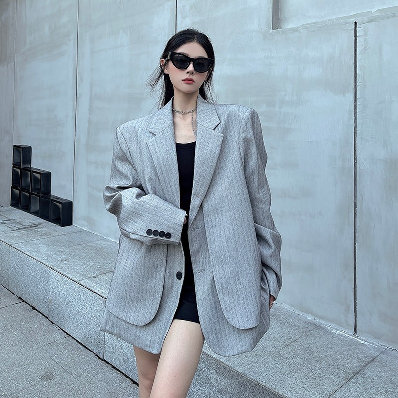 해피유통 여성용 오버사이즈 봄가을 클래식 스트라이프 울혼방 재킷 블레이저 연회색