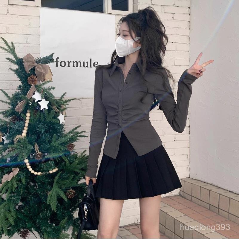 Yellwell 여성 셔링 버튼 셔츠 슬림핏 데일리 블라우스 LZZ XS 다크 그레이 탑
