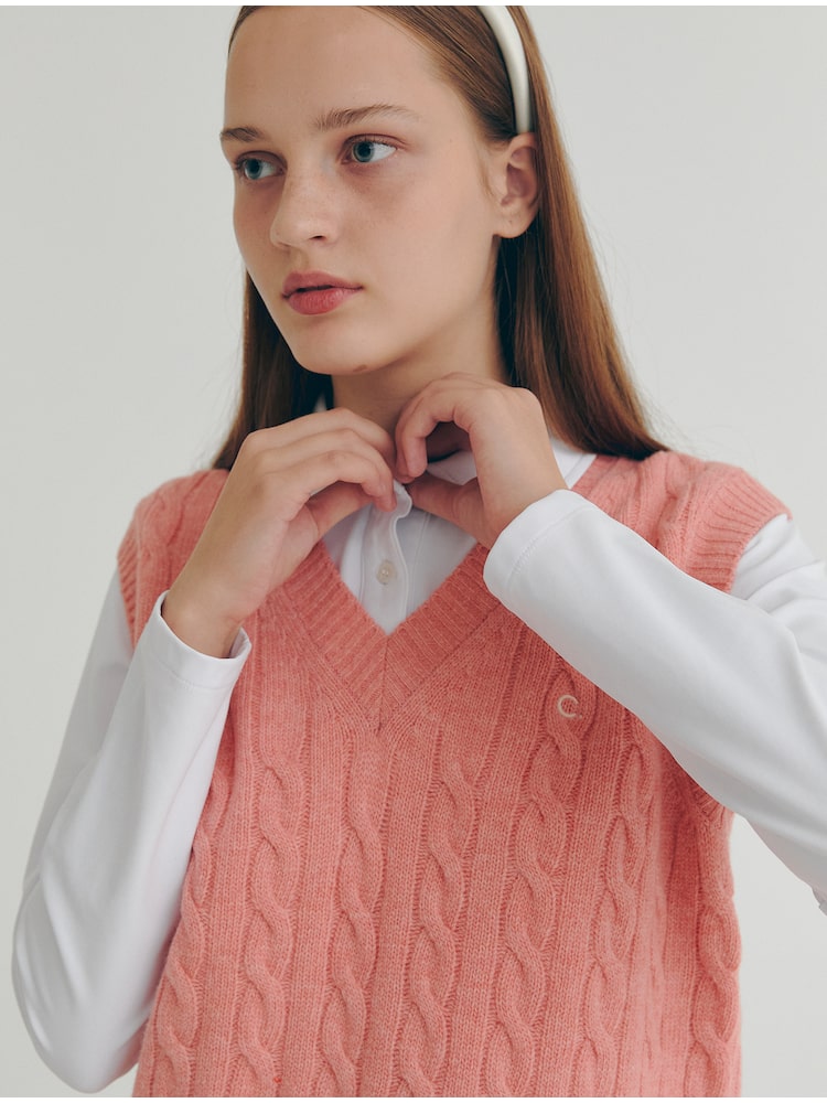 [클로브] [22FW clove] Cable Wool V-Neck Vest (Pink) 코럴 CLKNCD005PN