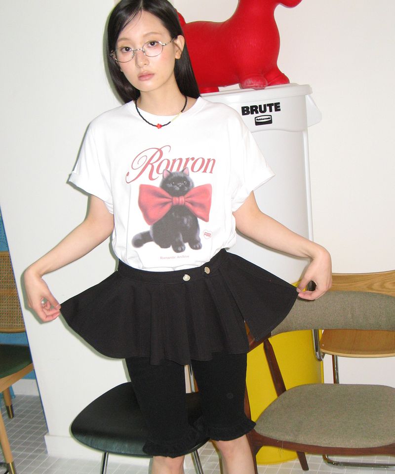 RONRON BIG RIBBON CAT BASIC FIT T 셔츠 화이트 FREE