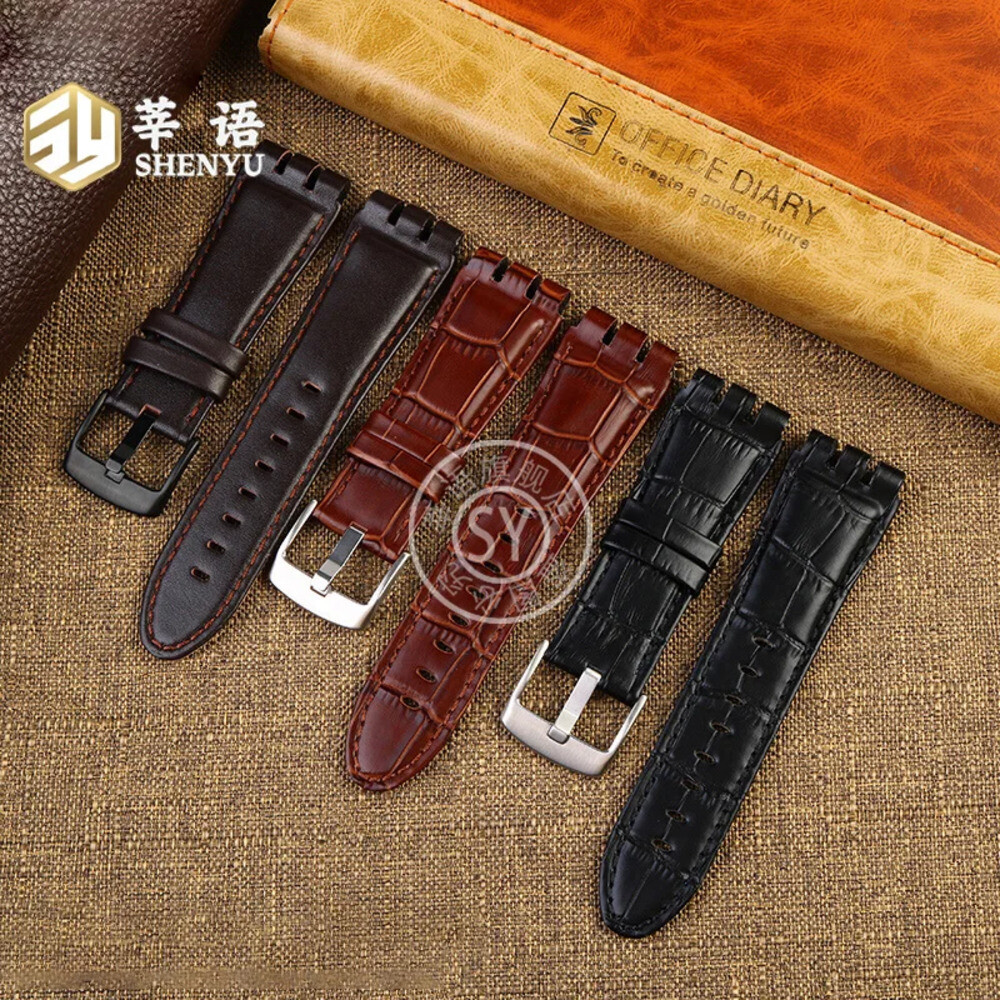 Swatch 대형 다이얼 시계 스트랩 용 23mm 특수 인터페이스 남성용 가죽 발찌 첫 번째 레이어 소 블랙 브라
