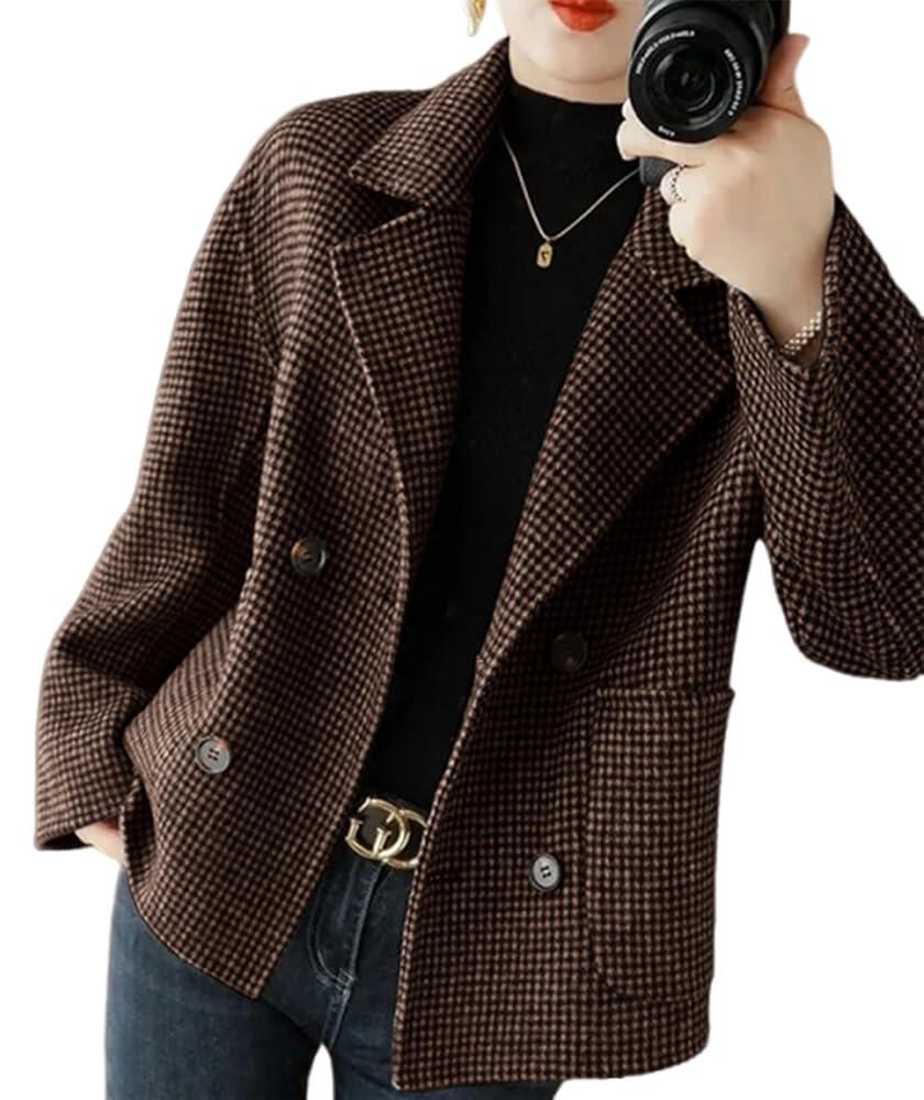 Utcoco 여성용 크롭 울 코트 하운드투스 더블 브레스트 쇼트 울 피 코트 크롭 블레이저 재킷 포켓 포함 블랙. XXL XL 브라운