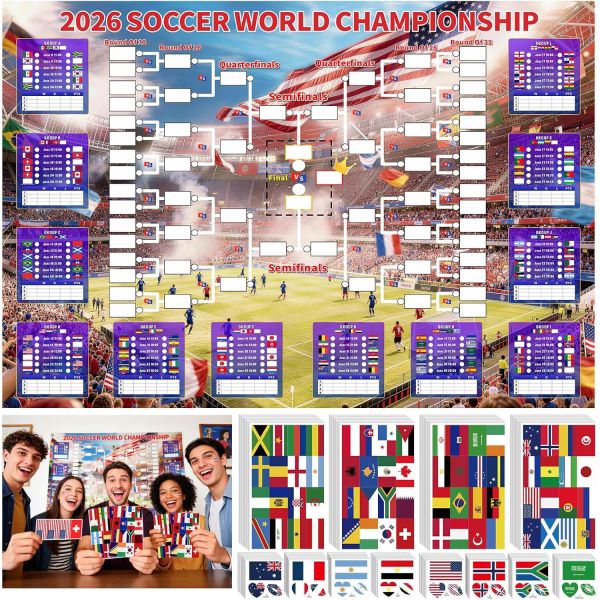 YTEFB 2026 월드컵 일정 포스터 3종 세트 63x44인치 초대형 프리미엄 폴리에스터 경기 추적기 방수 및 구김 방지 벽걸이 차트 384개의 국기 스티커 96개의 워  3피스