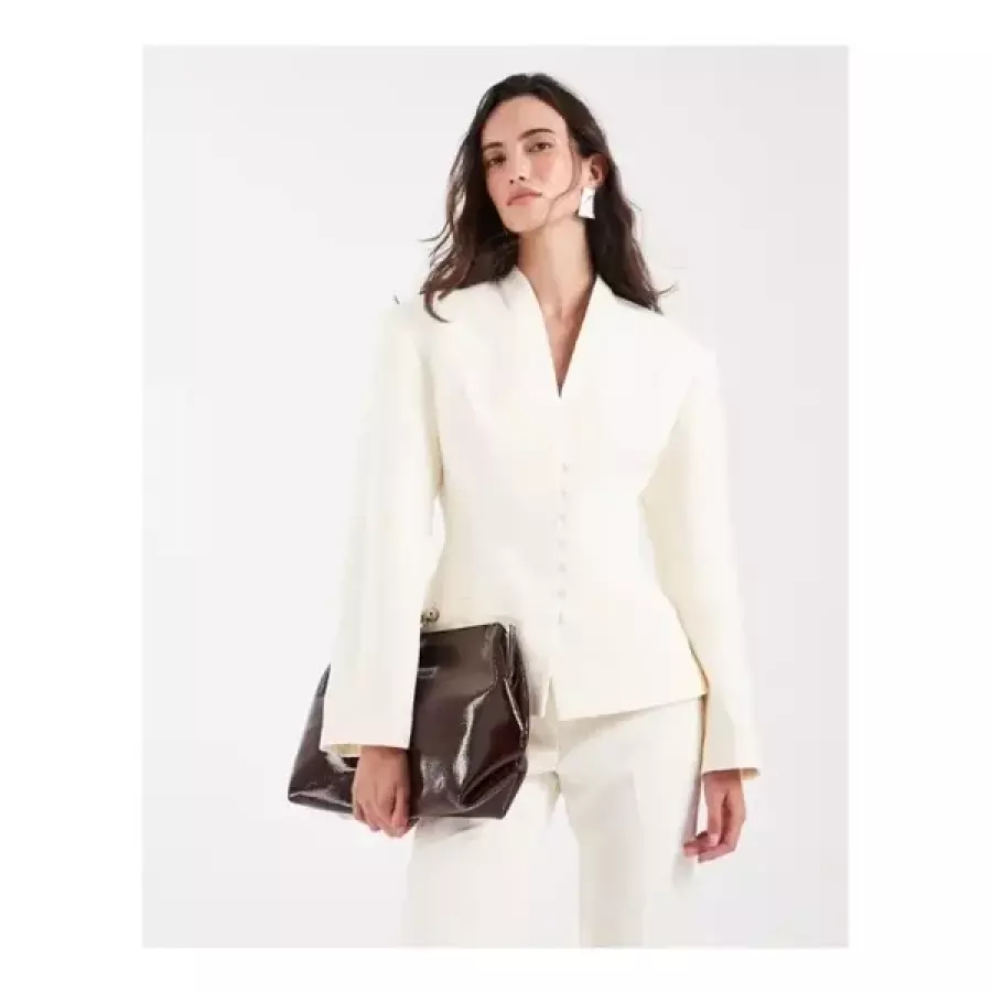 DESIGN 여성 블레이저 자켓 Tailored collarless 멀티 button 크림 396521 콤비 상의 캐