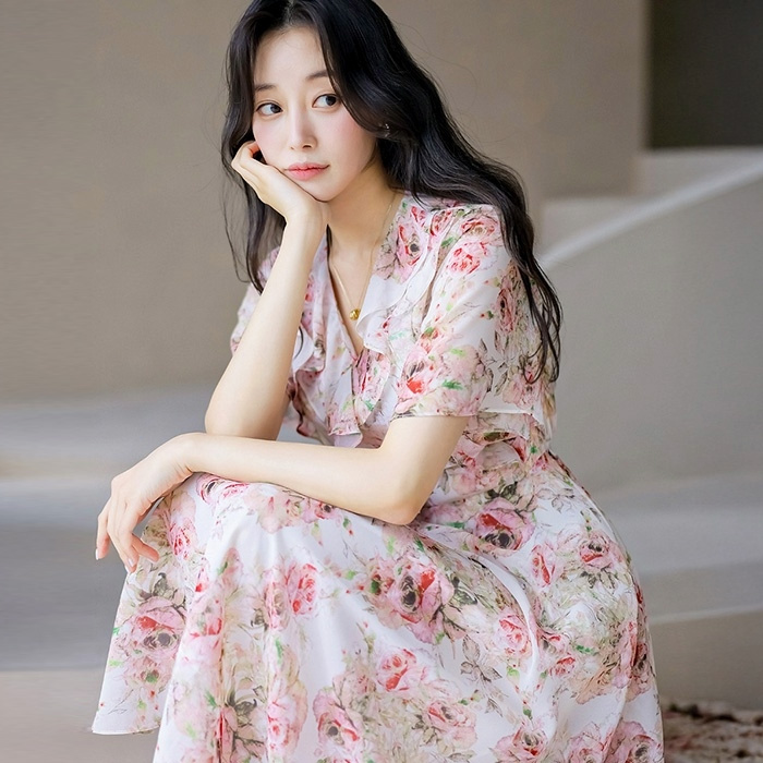 스타일온미 로지즈 핑크 플라워 러플 쉬폰 A라인 플레어 원피스