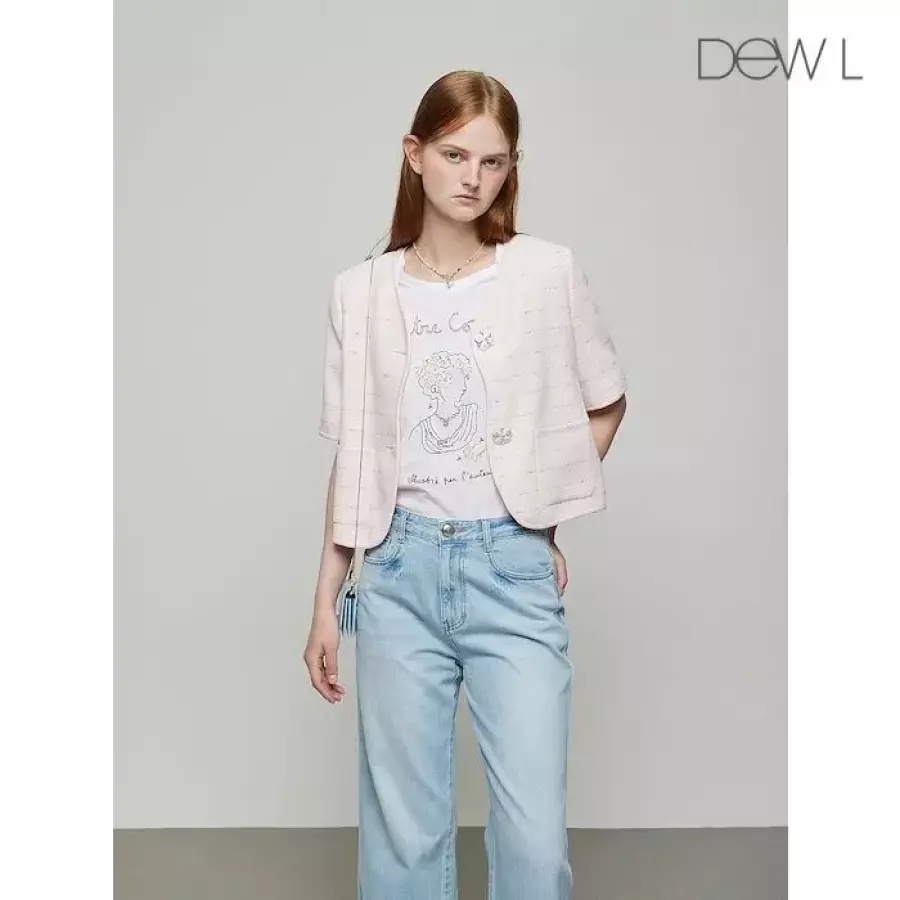 듀엘 플라워 버튼 반팔트위드 자켓
