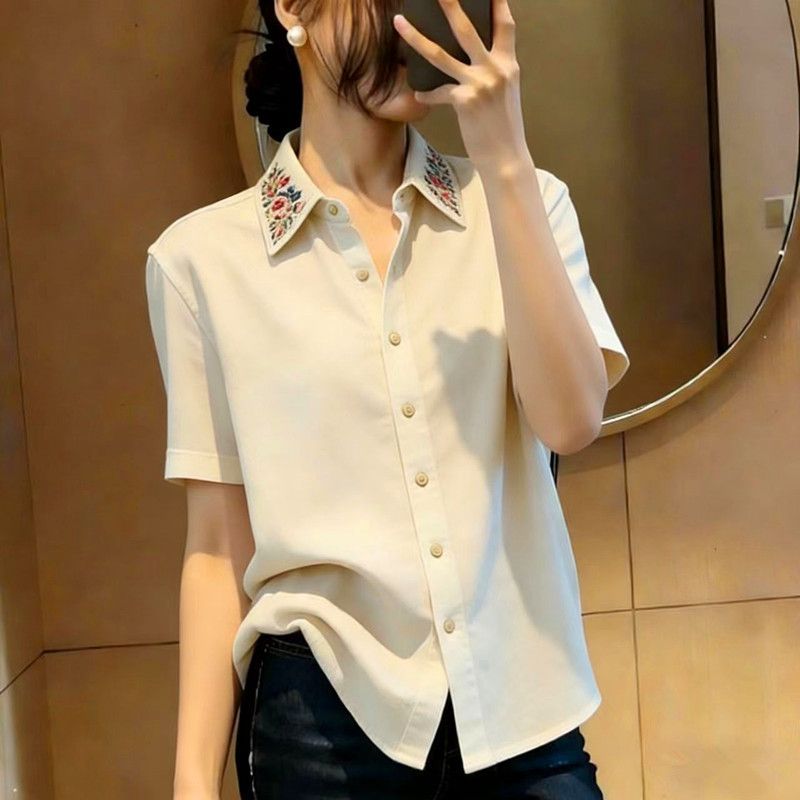 여성 여름 반팔 셔츠 카라넥 루즈핏 솔리드 칼라자수 오프화이트 XL