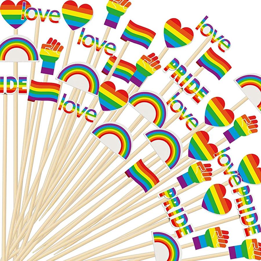 [아마존 공식]무지개 깃발 이쑤시개 피크 LGBT 열대 칵테일 대나무 이쑤시개 13.5cm(5.1인치) LGBT 프라이드 컵케이크 토퍼 레즈비언 프라이드 컵케이크 토퍼 깃발 하트