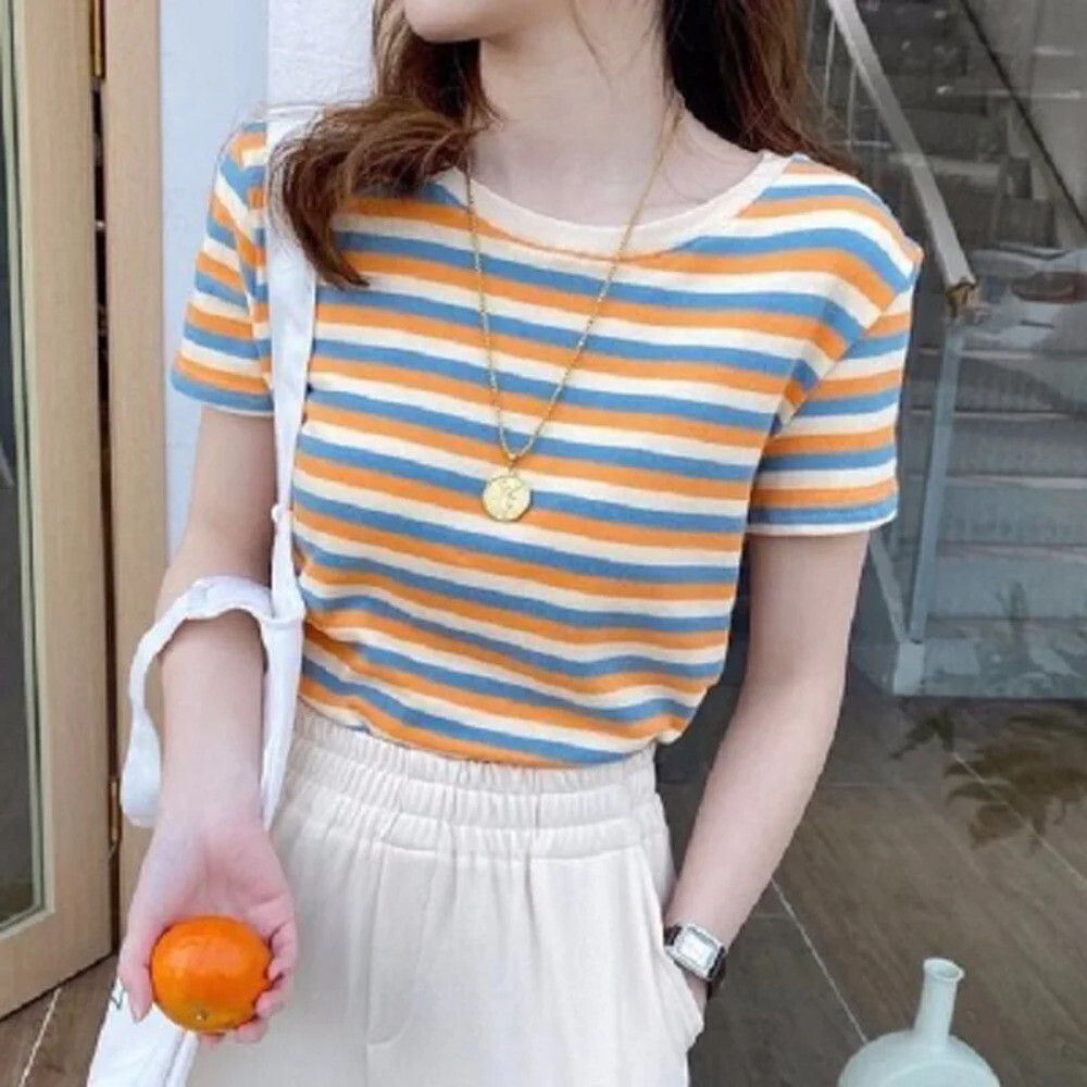 유니픽 여성 여름 스트라이프 반팔 티셔츠 패셔너블 캐주얼 스타일zdy S 오렌지색
