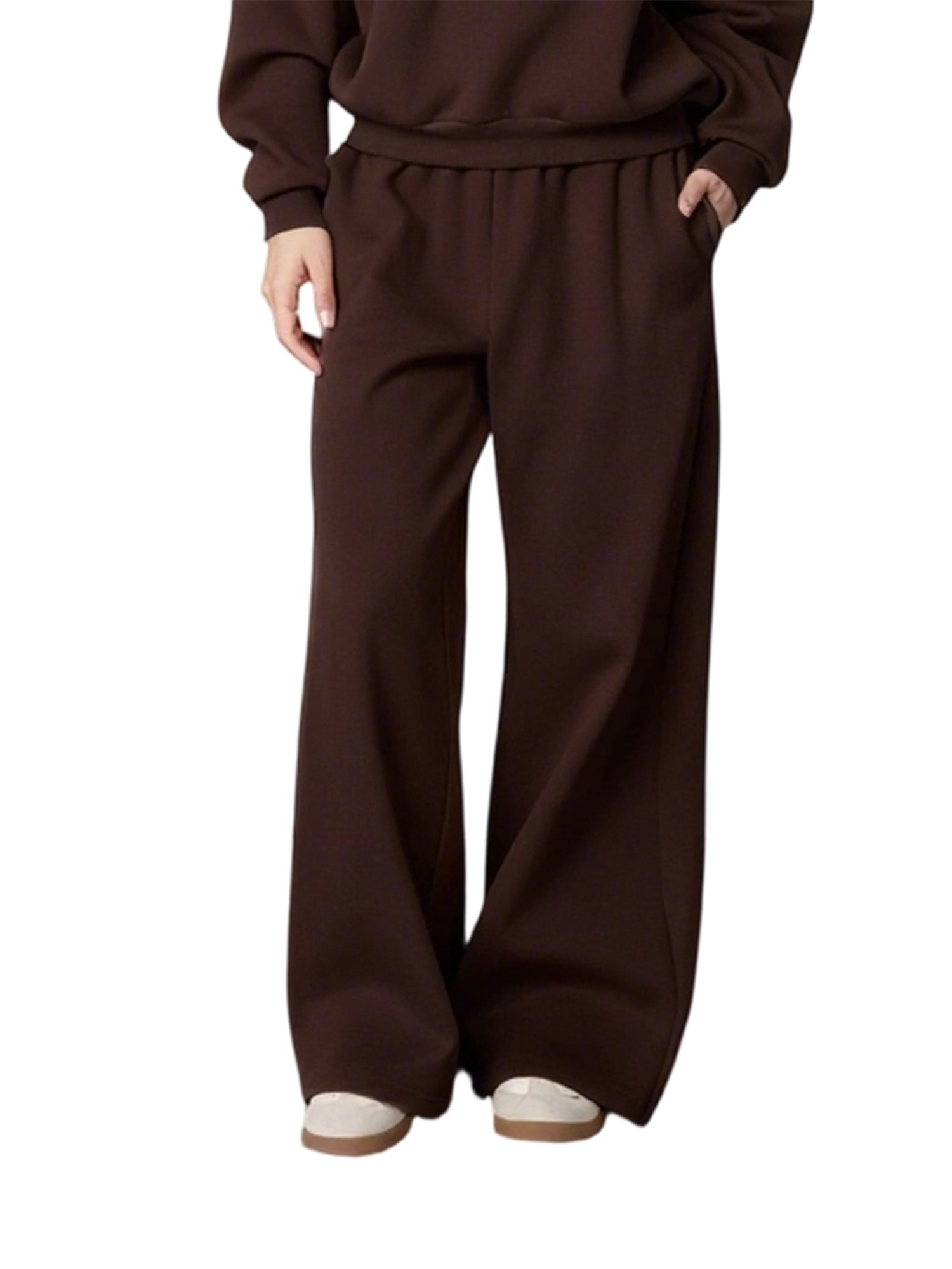Women’s Track Pants Elastic Waist Solid Color Causal Wide Leg Lounge Trousers with Pockets 어두운 갈색