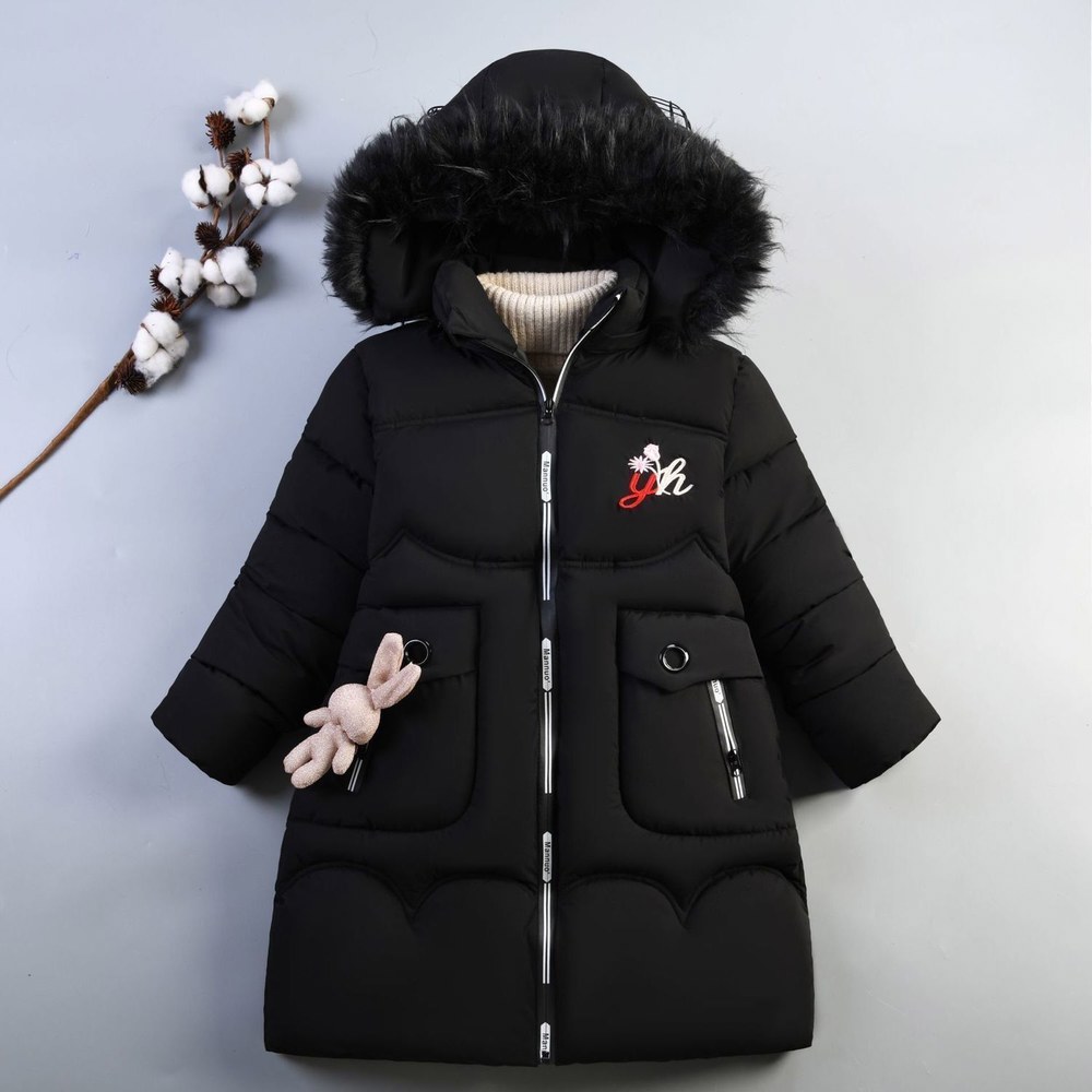 5-14세 겨울 재킷 롱 스타일 후드 퍼 칼라 컬러풀 헤비 코트 아우터웨어  5-6Y(Size 120)  JK186-Black