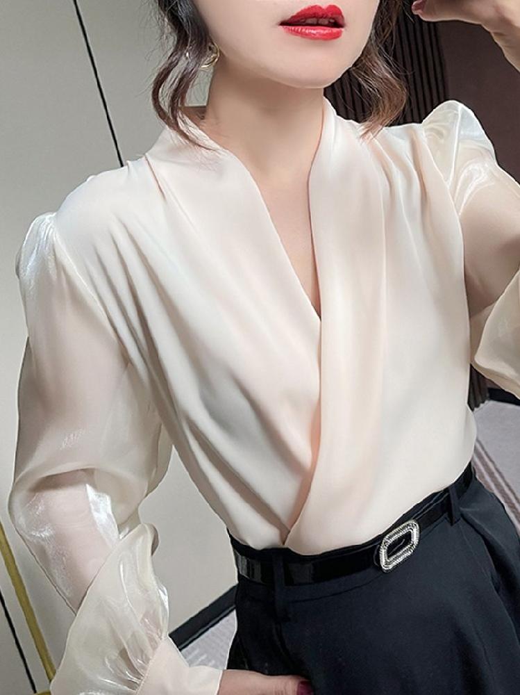 실크 랩 블라우스 루즈핏 얇은 우아한 셔츠 가을 사모님 하객룩 시스루 소매 크림색