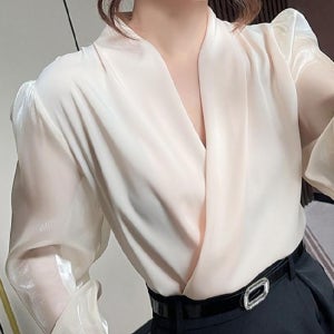 실크 랩 블라우스 루즈핏 얇은 우아한 셔츠 가을 사모님 하객룩 시스루 소매 크림색