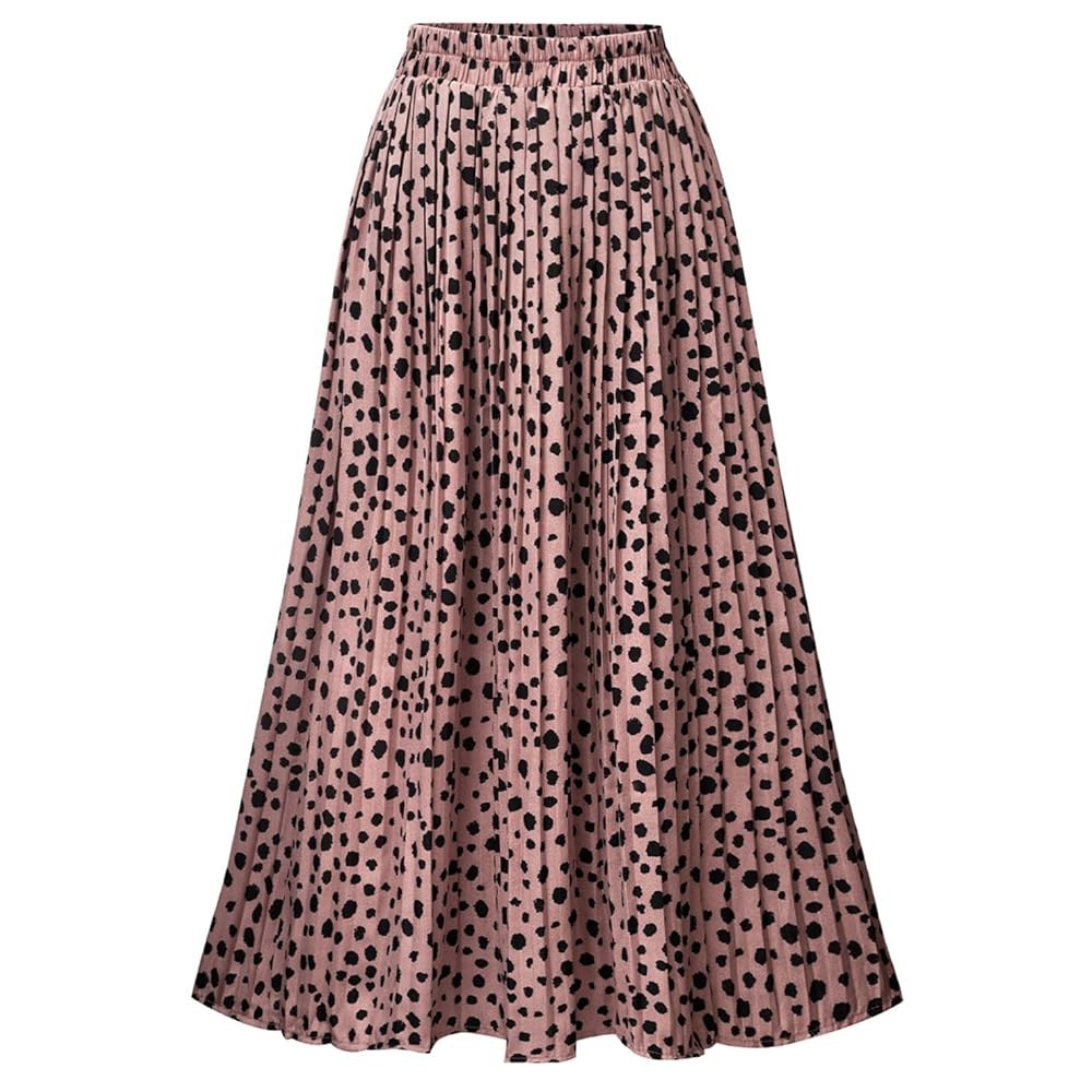 바소테우 여성 스커트 레오파드 프린트 미디 롱 셔링 하이웨이스트 A 라인 A leopard Pink X Small