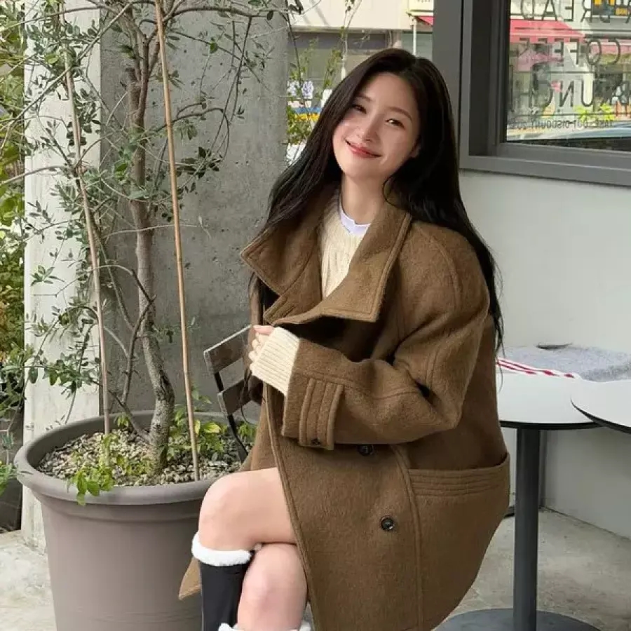 온앤온 정채연 착용 모헤어 하이넥 더블 하프코트 5WHA1392