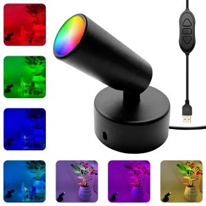 메탈 RGB 스포트라이트, 7가지 색상과 다이나믹함. 조정 가능한 밝기. 인테리어 홈 장식, 예술품 및 식물이 강조되어 있습니다.
