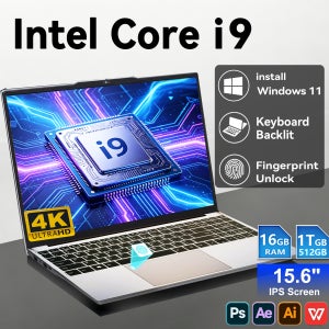 윈도우 11 프로 15.6인치 울트라 슬림 노트북 인텔 코어 i9-9900 16GB 램 1/2TB SSD 지문인식 잠금해제 오피스 게임용 백라이트 노트북