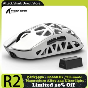 Attack Shark R2 마그네슘 합금 PAW3950 게이밍 마우스, 트라이 모드, 8000hz, 42000 DPI, 45g 초경량, 100M 클릭 마이크로 스위치