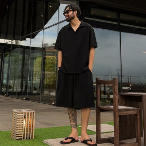 (L-7XL)무티뉴 플리츠 반팔카라티 S021-T[OKK 빅사이즈 오픈카라 헤리테이프 옆트임 신축성]