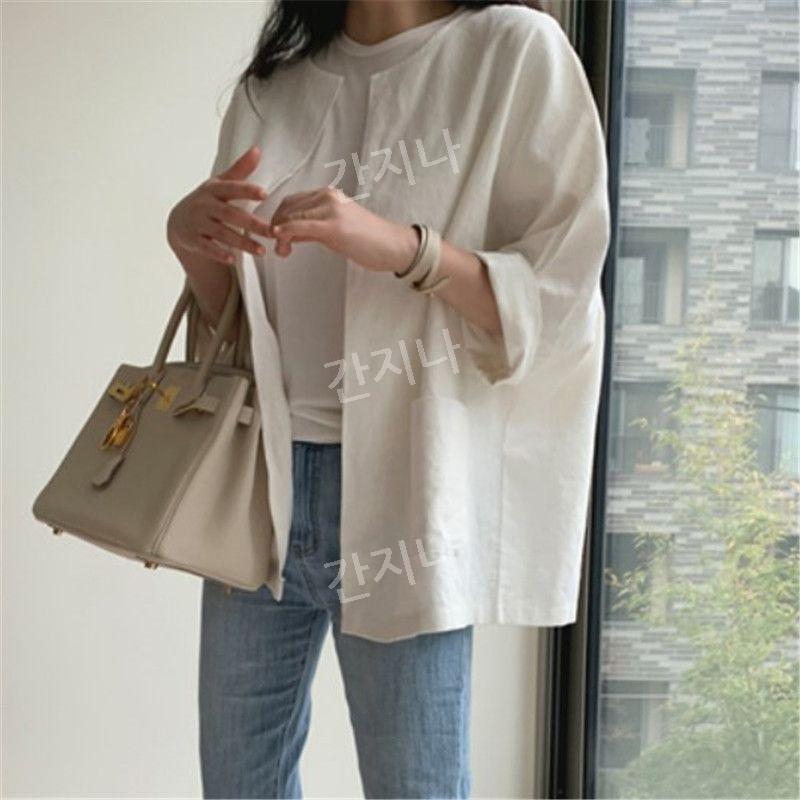라운드 노카라 코튼 린넨 여자 블레이저 자켓 루즈핏 크림색 봄 여름 오피스룩 (항공특송)