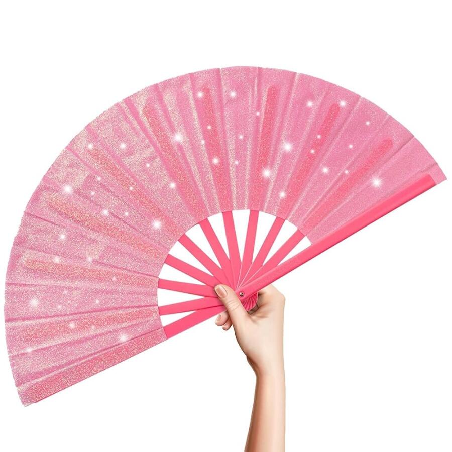 [아마존 공식]OMyTea 글리터 라지 레이브 클랙 팝핑 팬 라인 댄스용 - 33cm(13인치) 부츠 지상 접이식 핸드 팬 - EDM, 음악 축제, 핫 플래시, 파티, 장식용 (핑