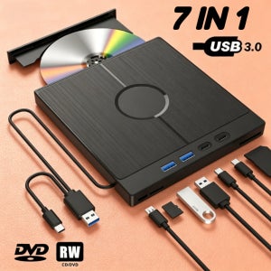 다기능 7 in 1 USB 3.0 타입 C 외장 CD DVD RW 광학 DVD 드라이브 플레이어 버너 리더 드라이브 (노트북 윈도우 맥 PC용)