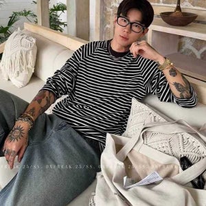 블랙화이트 스트라이프 긴팔 티셔츠 배색 래글런 오버핏 레이어드 이너 상세페이지 참고