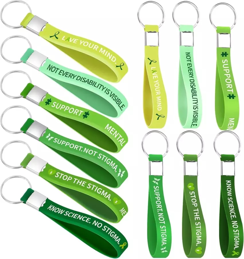 Janmercy 60pcs 정신 인식 실리콘 키체인 녹색 리본 고무 뇌성마비 녹내장 간암 및 남성 장기 기증을 위한
