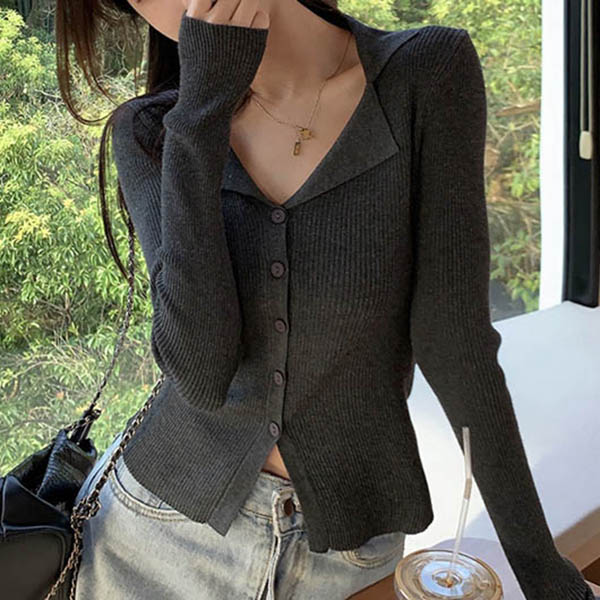 카라넥 여자 봄가을 골지니트 단추 크롭가디건 슬림핏 긴팔 숏가디건 스트라이프 차콜