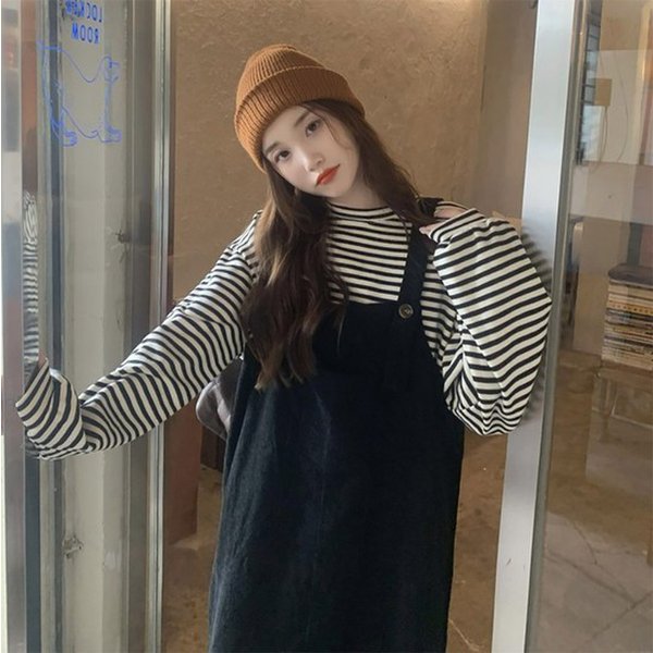 트렌드스토어 블랙앤화이트 스트라이프 오버핏 긴팔티